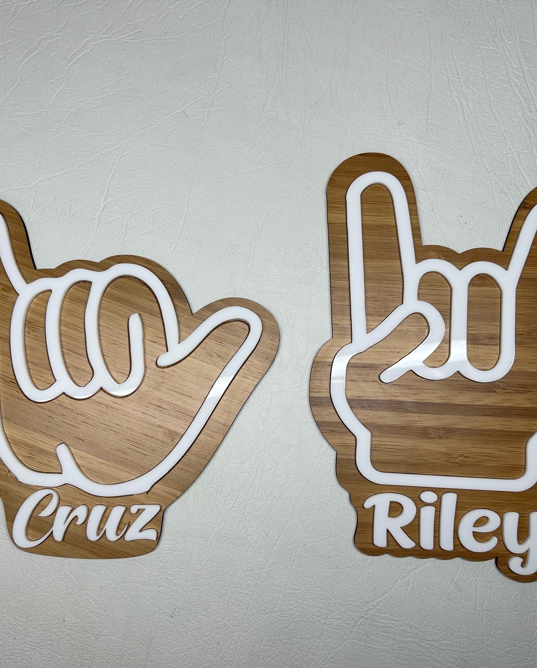Personalised name signs (Shaka, Rocker, Gamer Peace + Soccer Ball)