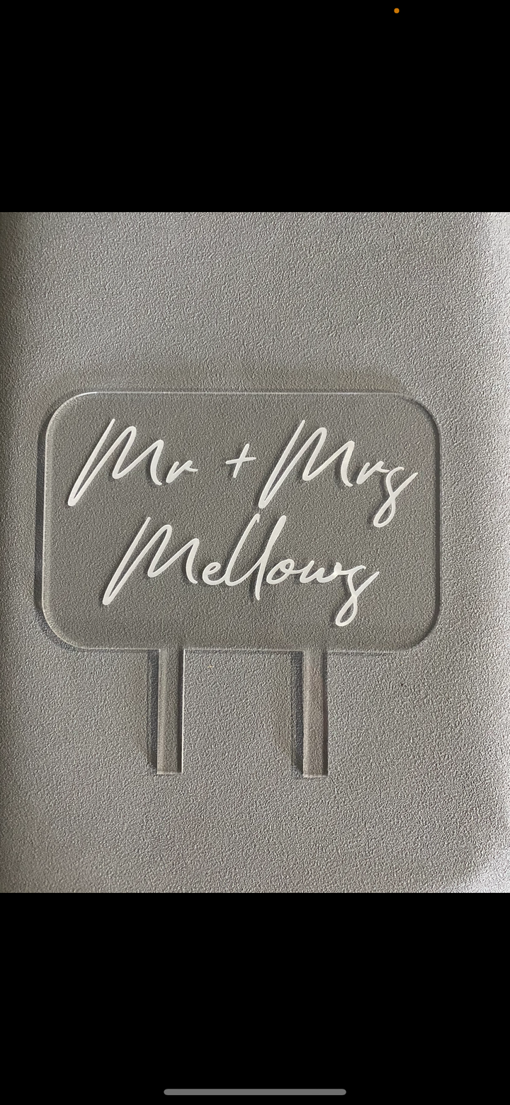 Clear rectangle Mr & Mrs Surname cake topper