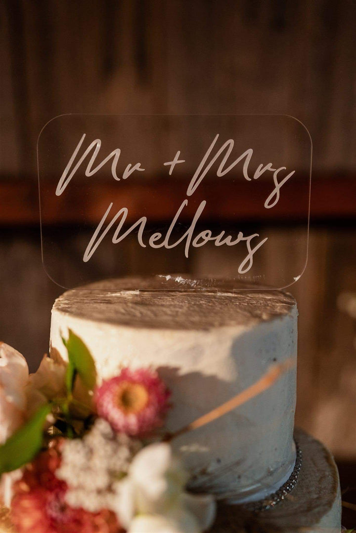 Clear rectangle Mr & Mrs Surname cake topper